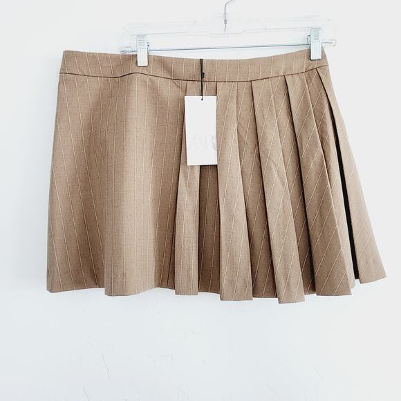 Zara Tan Brown Pinstriped Box Pleated Mini Skirt with Pocket Size XL - Picture 9 of 12